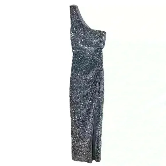 One Shoulder Sequin Sparkle High Slit Wrap Formal Evening Dress Silver S - Picture 5 of 12